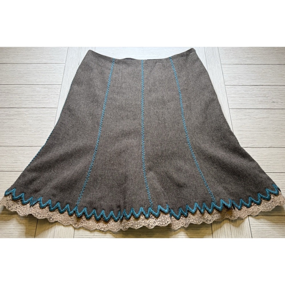 Tibi NWT Wool Tweed Midi Flare Lined Skirt Turquoise‎ Stitching Lace Trim 8 $297